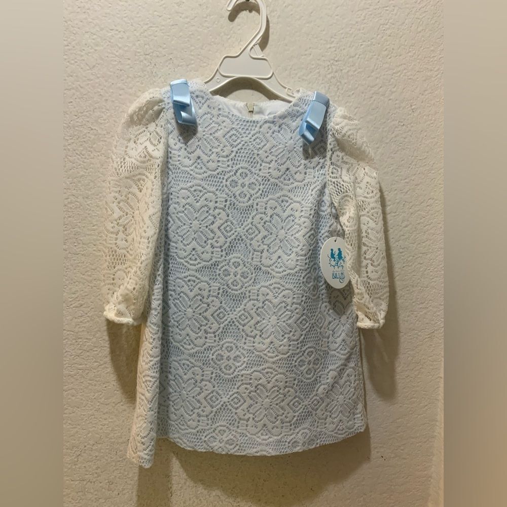New Luli and Me Blue White DAINTY LACE DRESS -  Satin Ribbons